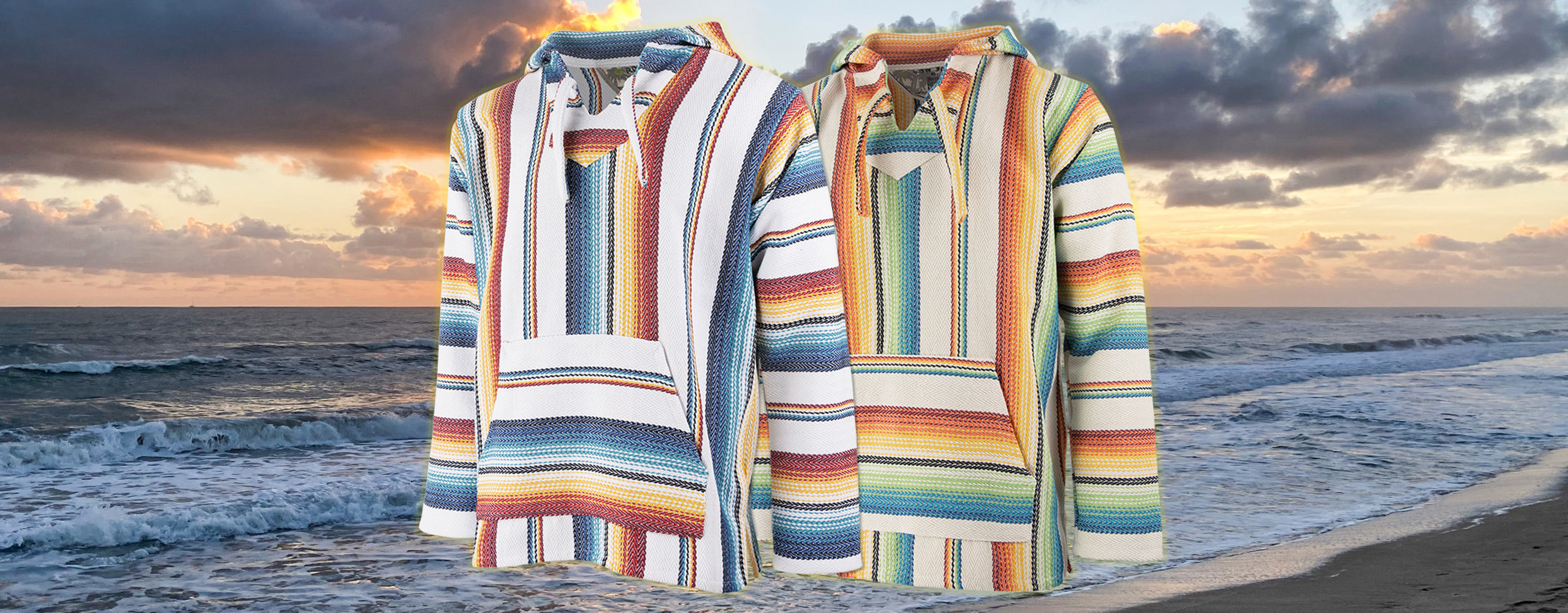 two variations of the ron jon senor lopez striped hoodie with ocean sunrise background